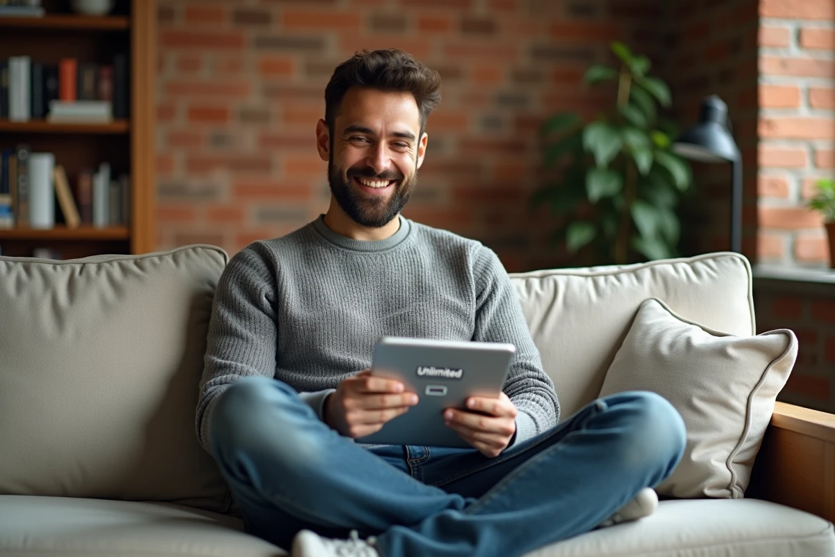 Freelance marketing évaluant une offre illimitée d'outil IA sur tablette depuis son bureau à domicile