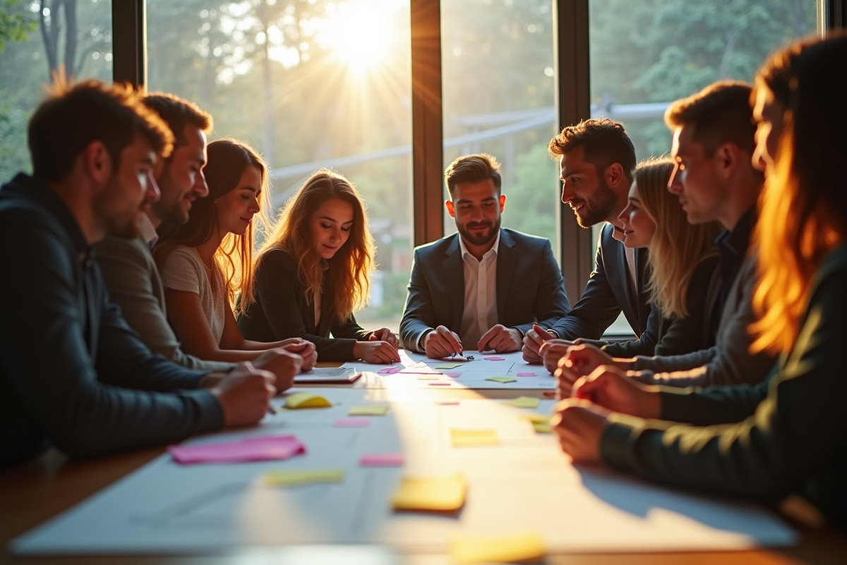 Groupe diversifié autour d'une table brainstorming idées