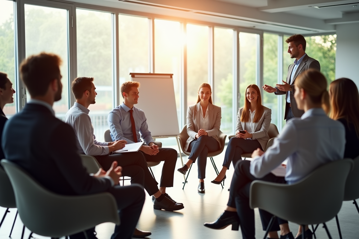 Groupe en coaching dans une salle lumineuse et conviviale