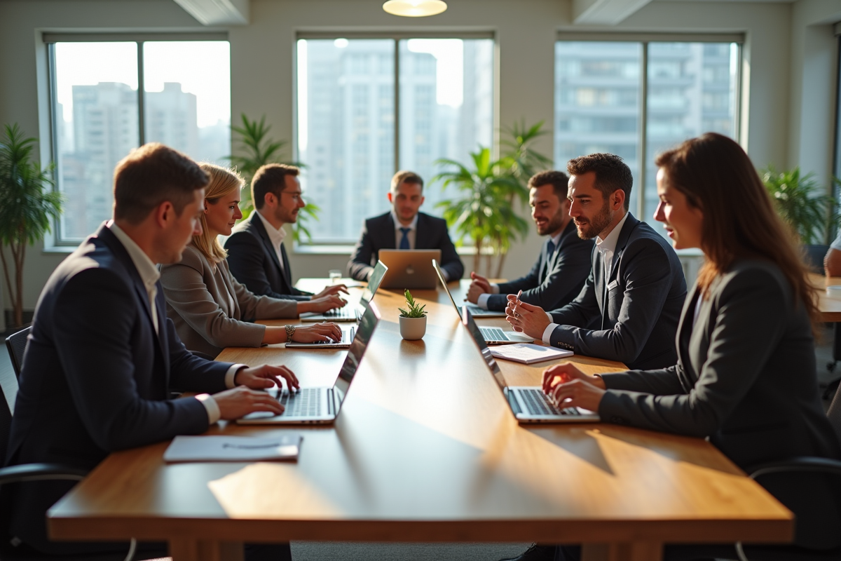 Groupe de collègues en discussion dans un coworking