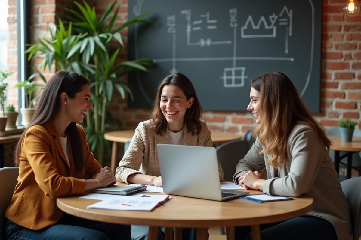 Groupe de jeunes créateurs d'entreprise en réunion collaborative dans un espace de travail informel, échangeant sur des stratégies de développement professionnel