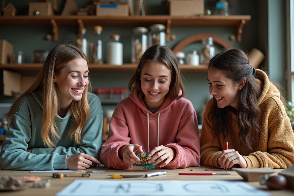 Trois amis autour d une table bricolage avec matériaux recyclés
