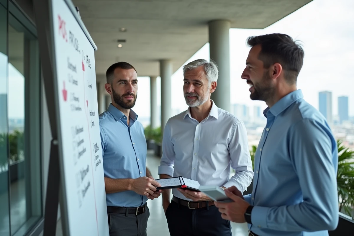 Groupe de trois professionnels discutant autour d