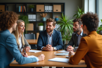Groupe de personnes en réunion dans un bureau moderne