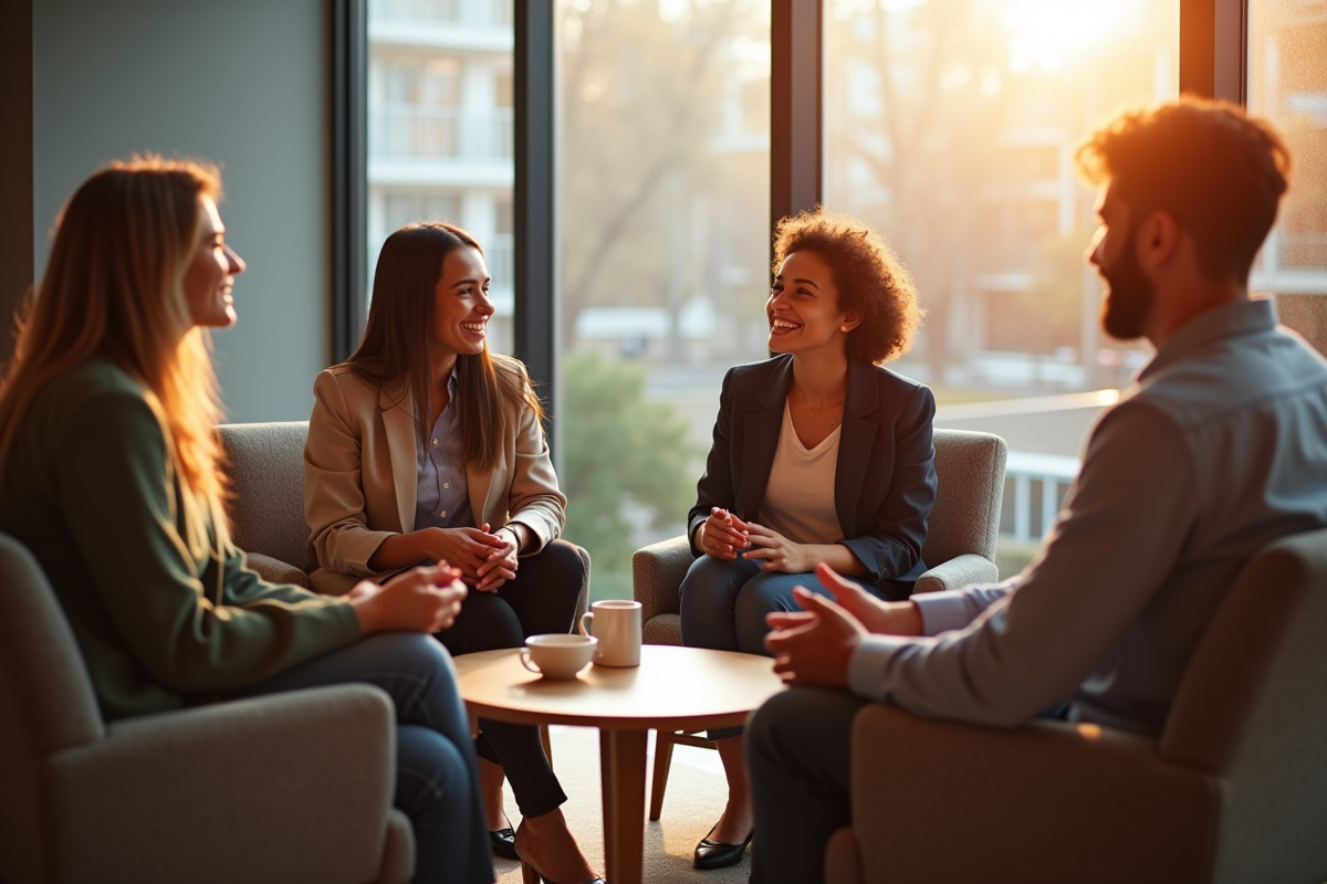 Quatre personnes en discussion dans un bureau moderne