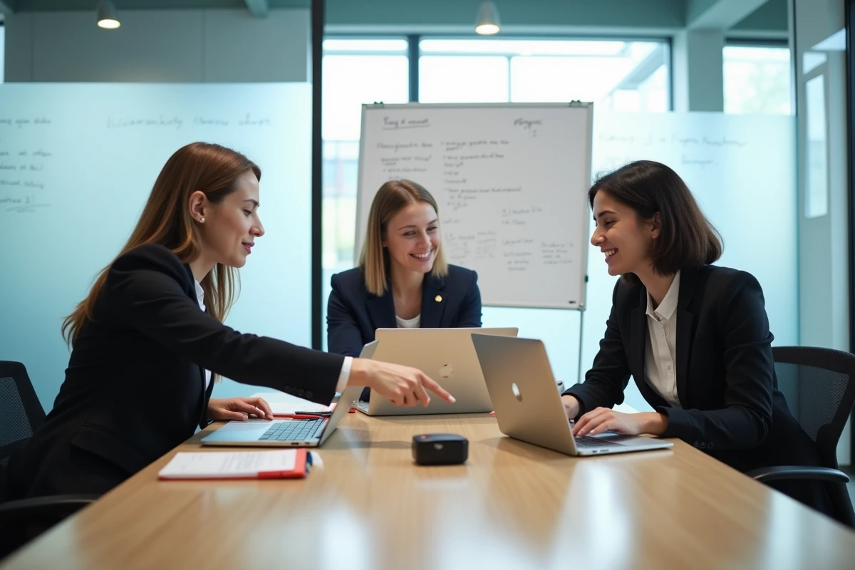 Groupe de nouveaux collaborateurs Inetum partageant leurs premiers réflexes sur l'intranet lors d'une session d'intégration en salle de réunion