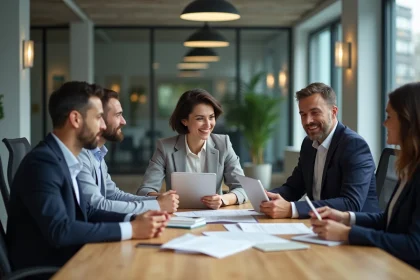 Groupe de professionnels en r&eacute;union dans un bureau moderne