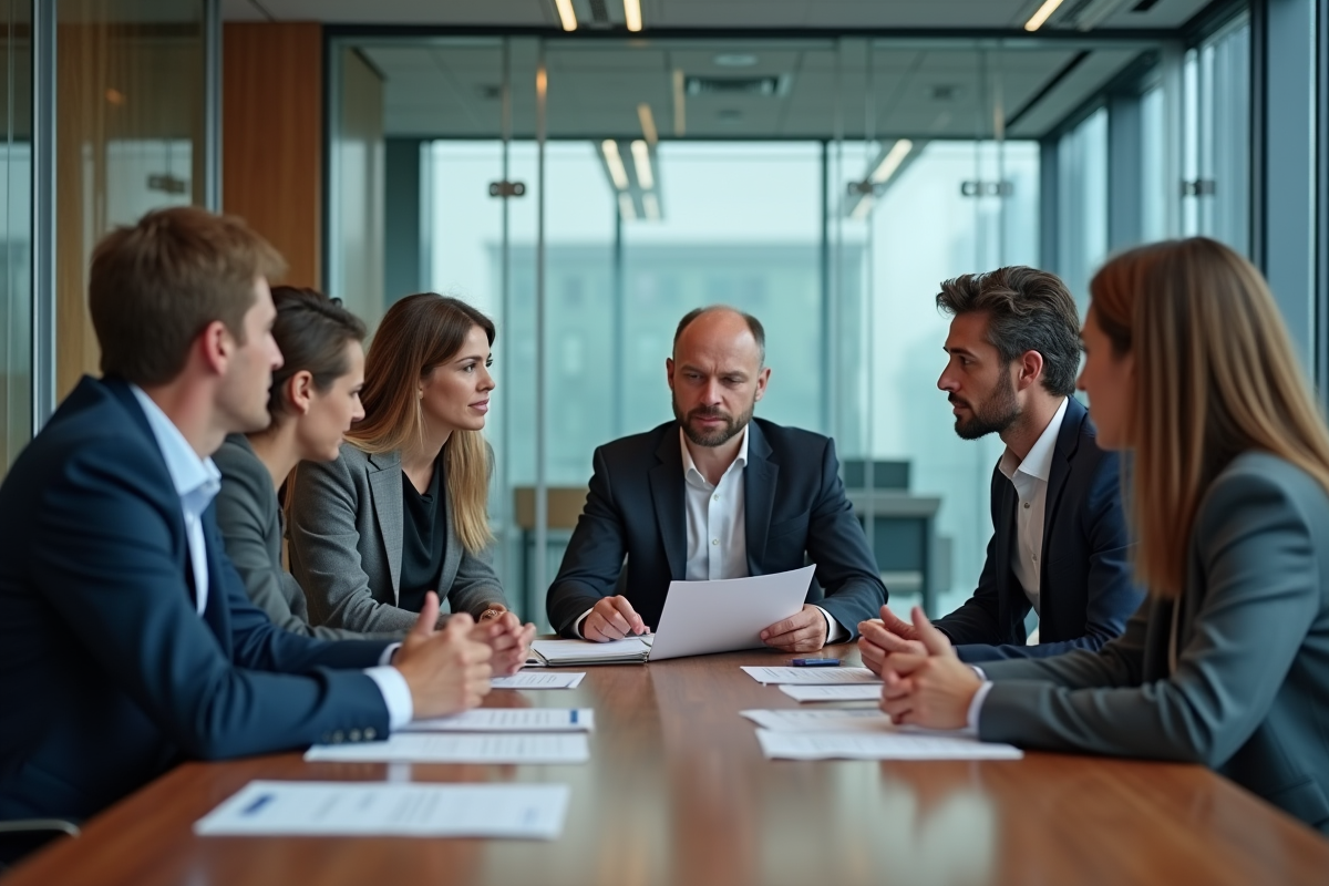 Groupe de professionnels en réunion d'affaires sérieuse