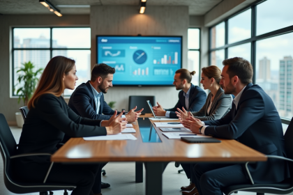 Groupe de professionnels discutant autour d'une tablette num&eacute;rique