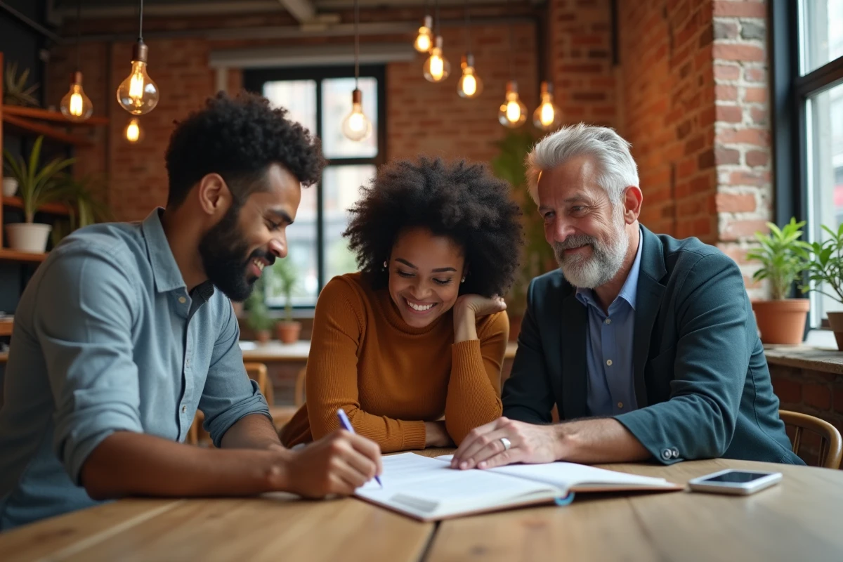 Groupe de professionnels discutant du mémorandum des entrepreneurs industriels dans un espace de coworking contemporain