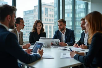 Groupe de professionnels discutant stratégies médias en réunion