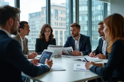 Groupe de professionnels discutant strat&eacute;gies m&eacute;dias en r&eacute;union