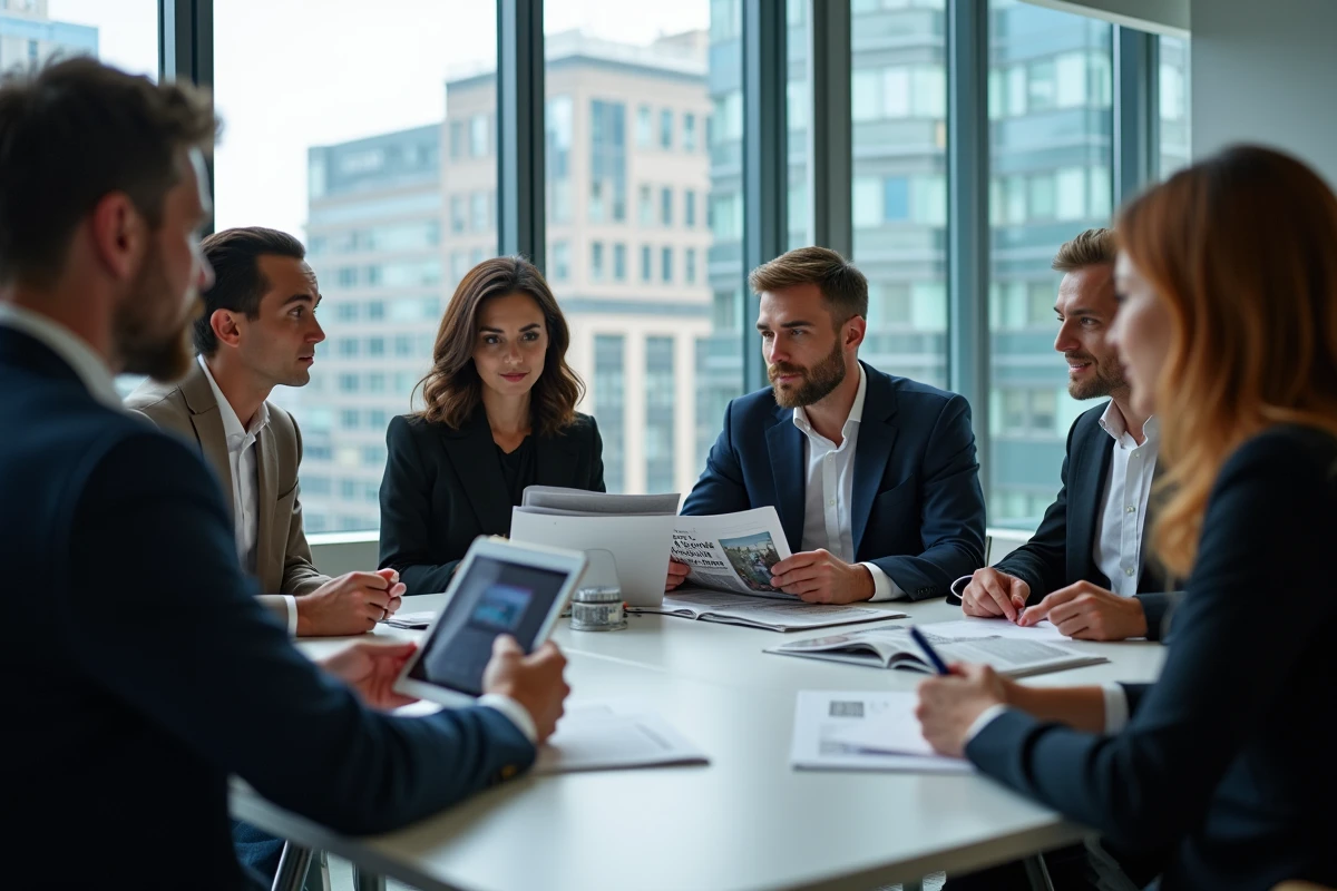 Groupe de professionnels discutant stratégies médias en réunion
