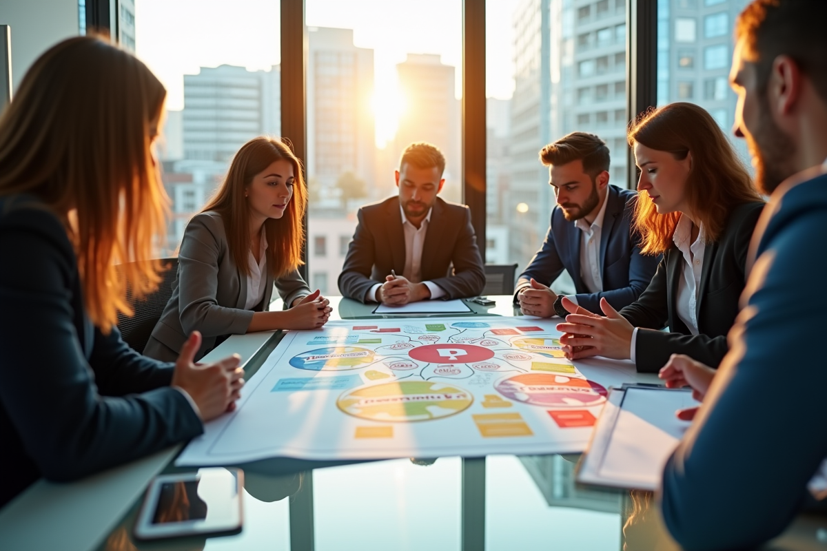 Groupe de professionnels autour d'une mindmap marketing