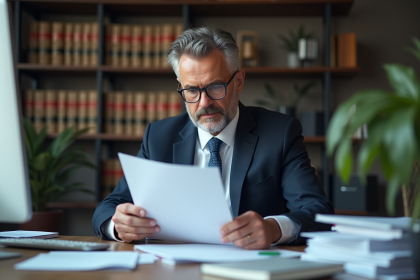 Homme d'affaires confiant examinant des documents de garantie