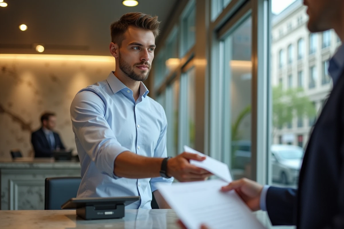 Jeune homme en costume remettant un document &agrave; la banque