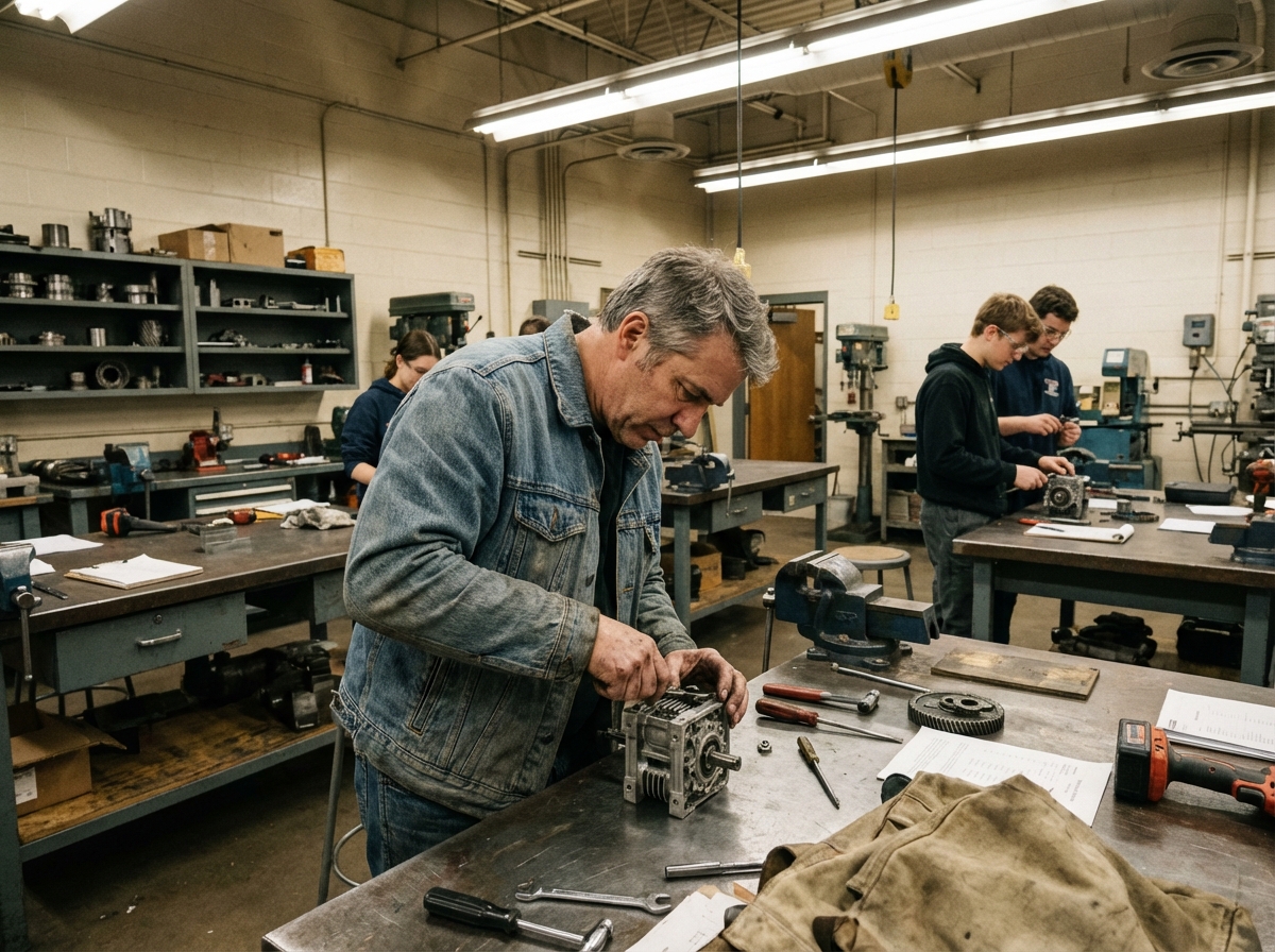 Homme en atelier assemblant un dispositif mecanique