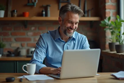 Homme en chemise bleue au bureau avec ordinateur et outils