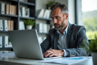Homme d affaires concentré travaillant sur son ordinateur dans un bureau lumineux