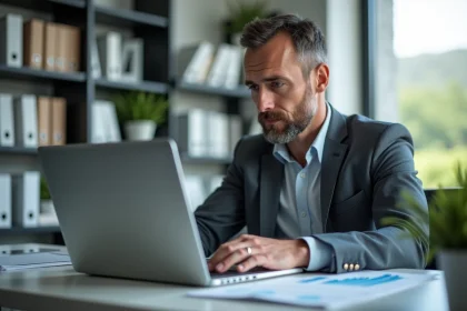 Homme d affaires concentr&eacute; travaillant sur son ordinateur dans un bureau lumineux