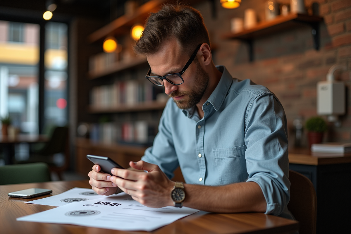 Homme en café examinant un logo avec son smartphone et des documents
