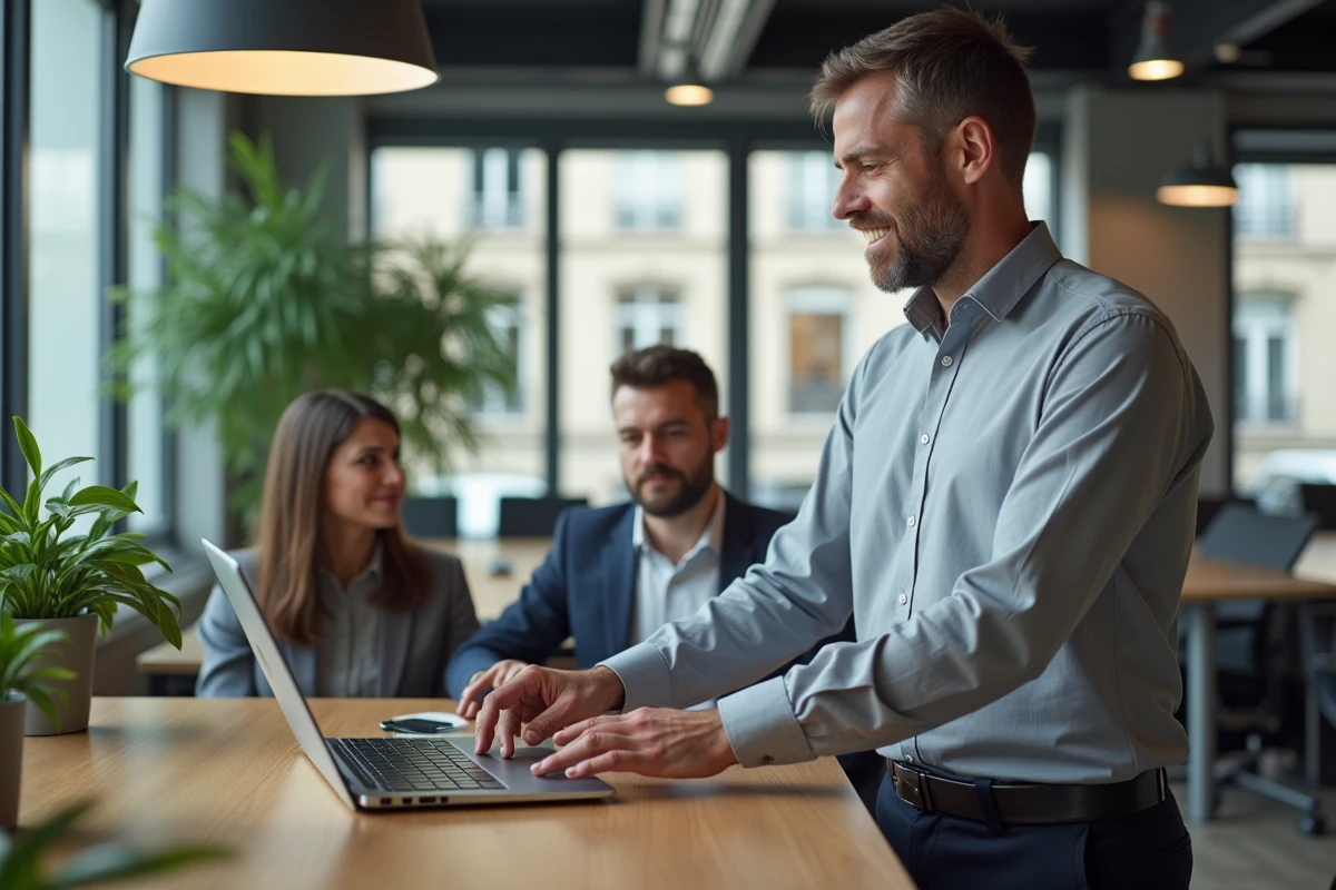 Homme civil servant montrant une plateforme en ligne à ses collègues