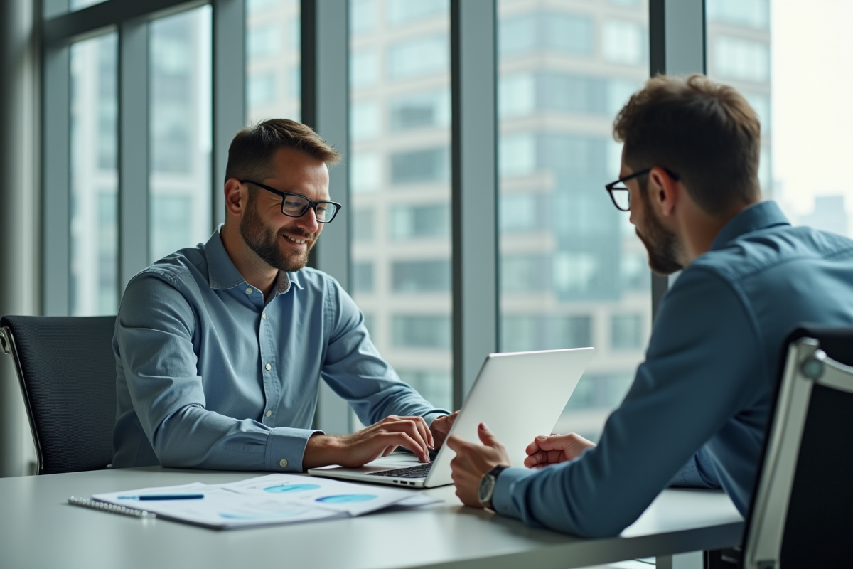 Homme d affaires en réunion avec un collègue dans un bureau lumineux