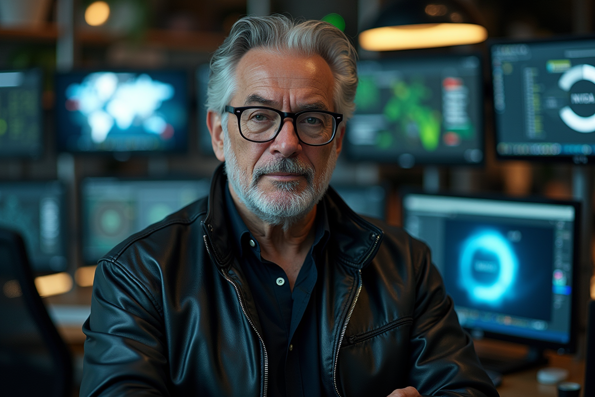 Homme d age dans un bureau high tech avec logos Nvidia