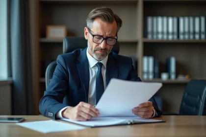 Homme d'&acirc;ge moyen en costume navy lit un contrat s&eacute;rieux