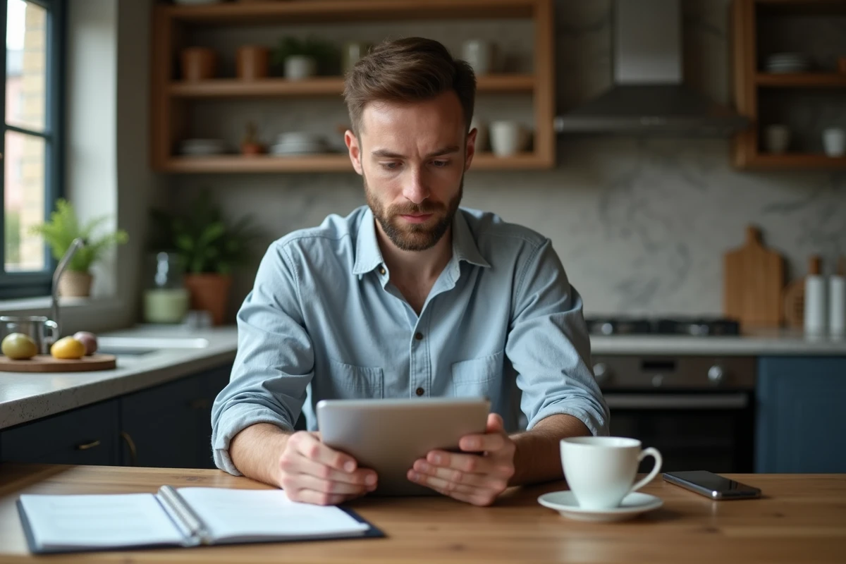 Homme en cuisine v&eacute;rifiant un contrat sur une tablette