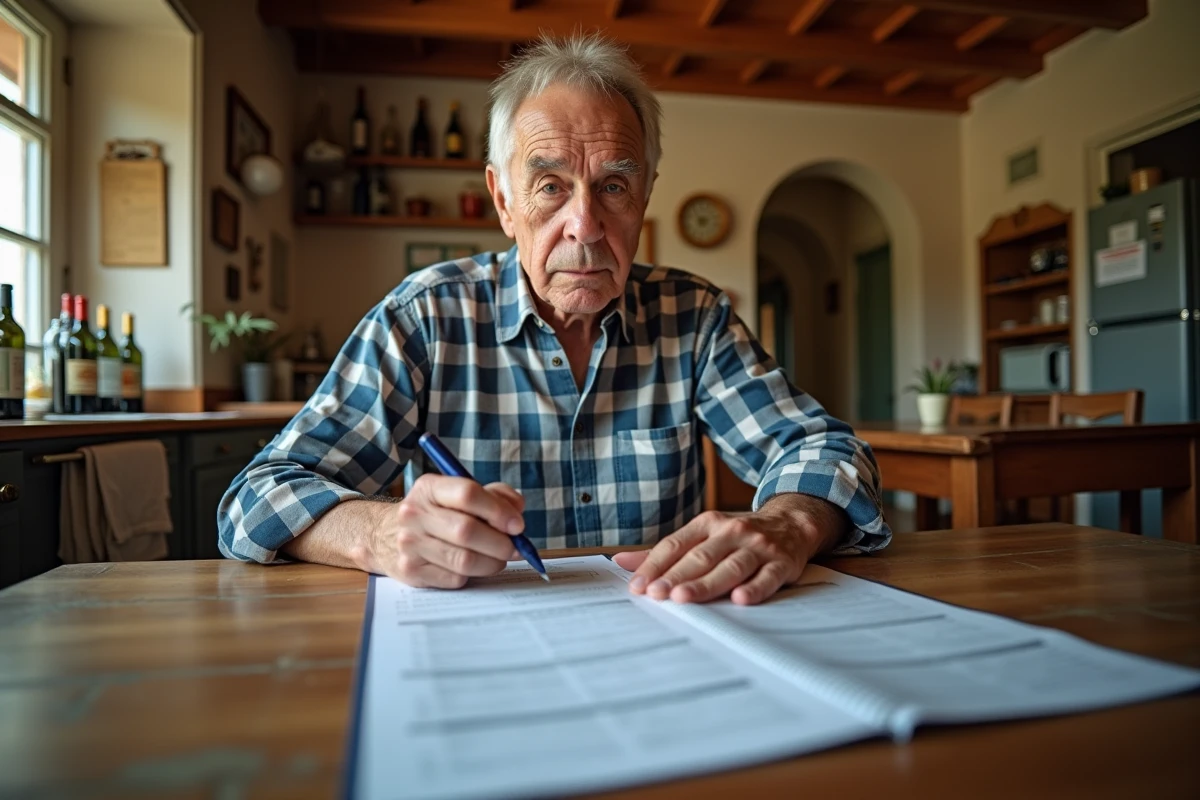 Homme &acirc;g&eacute; v&eacute;rifiant des formulaires de r&eacute;colte &agrave; la maison