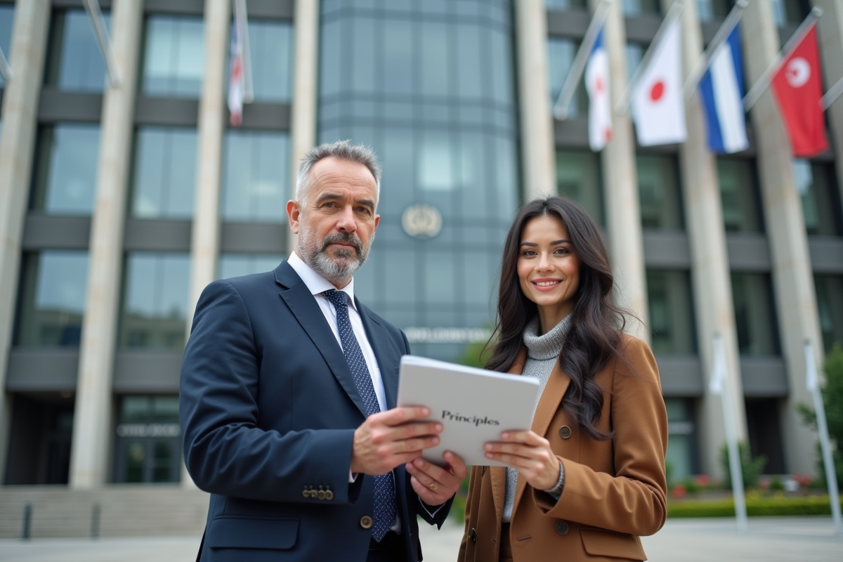 Homme et femme devant le siège de l