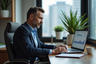 Homme d'affaires en bureau moderne analysant des graphiques financiers