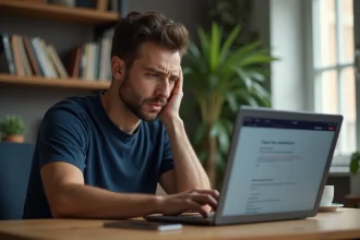 Homme frustré devant un écran d'erreur de connexion sur son ordinateur portable à son bureau à domicile