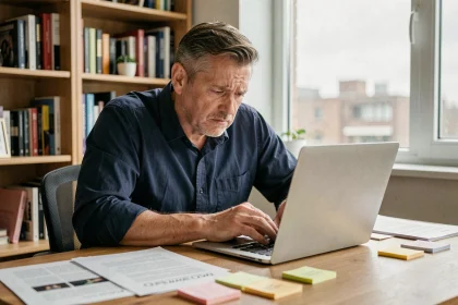 Homme frustré lisant des avis et plaintes sur ordinateur portable au bureau à domicile