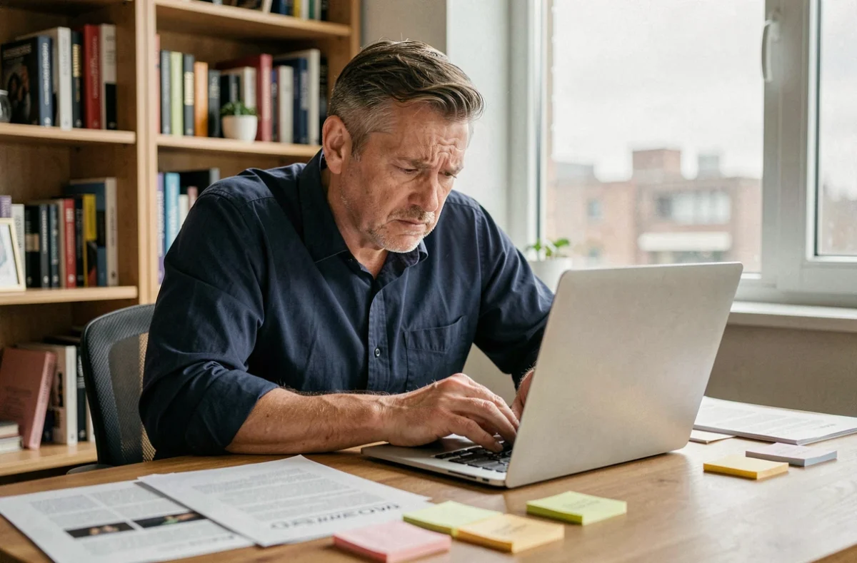 Homme frustré lisant des avis et plaintes sur ordinateur portable au bureau à domicile