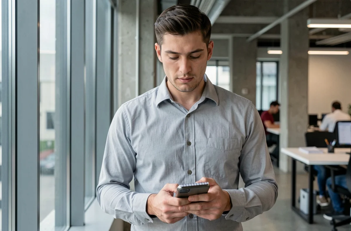 Homme consultant ses notes lors d'un appel téléphonique avec un recruteur dans un espace de coworking