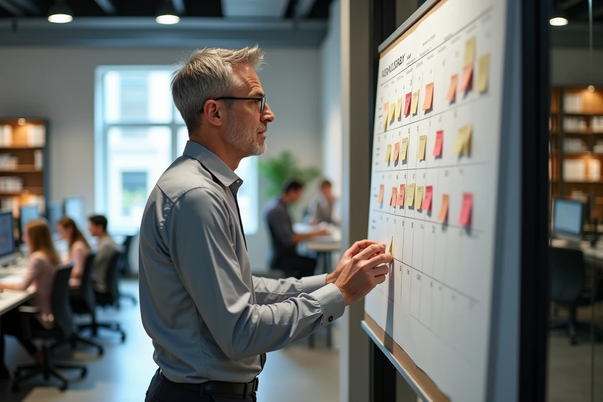 Homme en entreprise comptant les jours ouvrés sur un planning mural avec des notes adhésives colorées