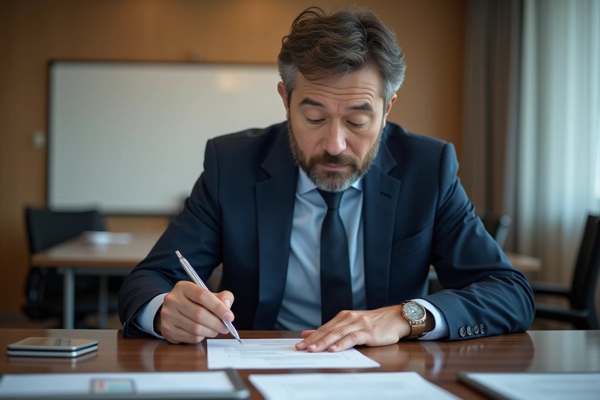 Homme en costume bleu examinant des documents en réunion