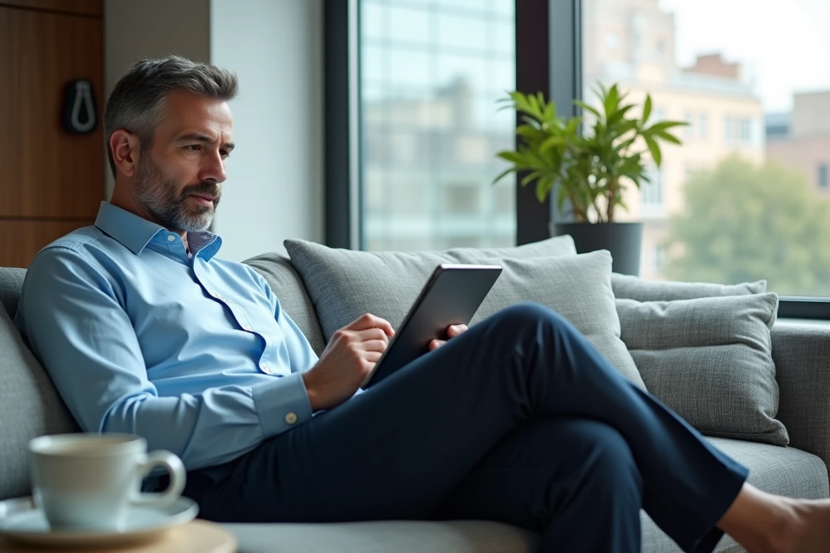 Homme en t&eacute;l&eacute;travail utilisant une tablette dans un salon moderne