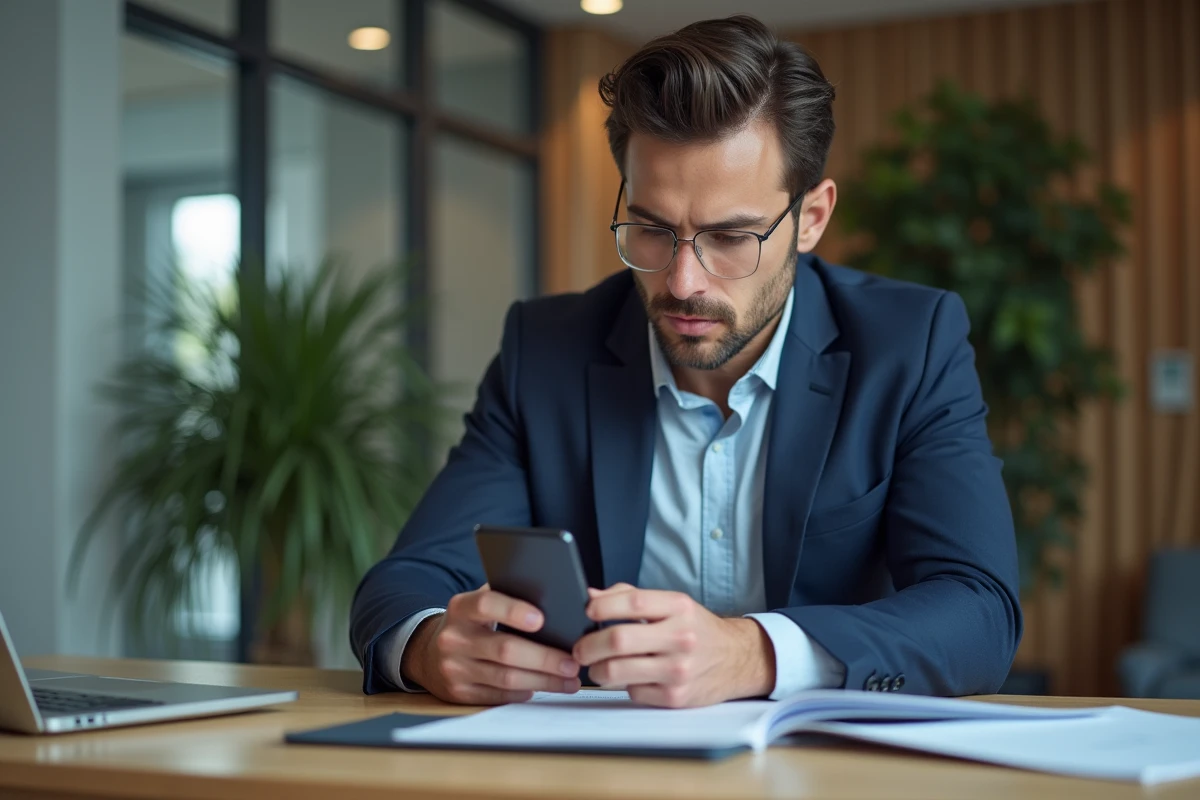 Homme d affaires concentré sur son smartphone au bureau