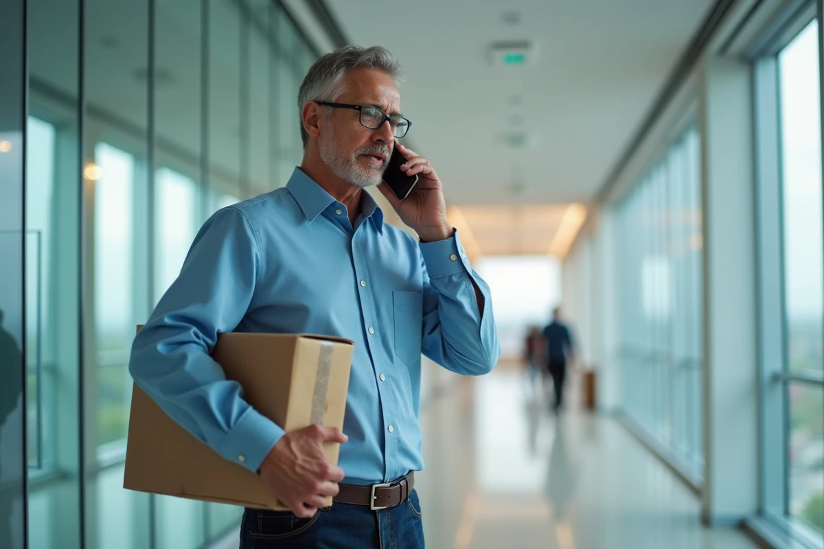 Homme d age avec colis dans un couloir lumineux
