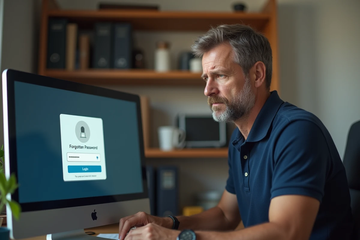 Homme en télétravail tentant de se connecter à l'extranet a2micile avec un mot de passe perdu sur ordinateur de bureau