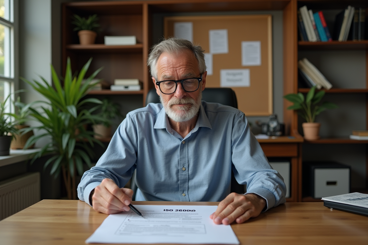 Homme seul vérifiant une checklist ISO 26000 dans son bureau