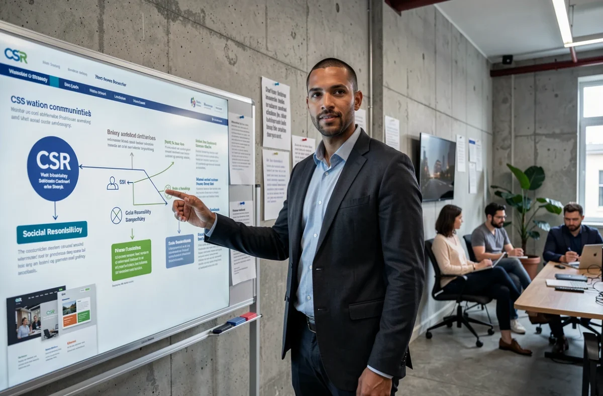 Directeur créatif présentant une stratégie web liée à la RSE avec des infographies et des maquettes de site