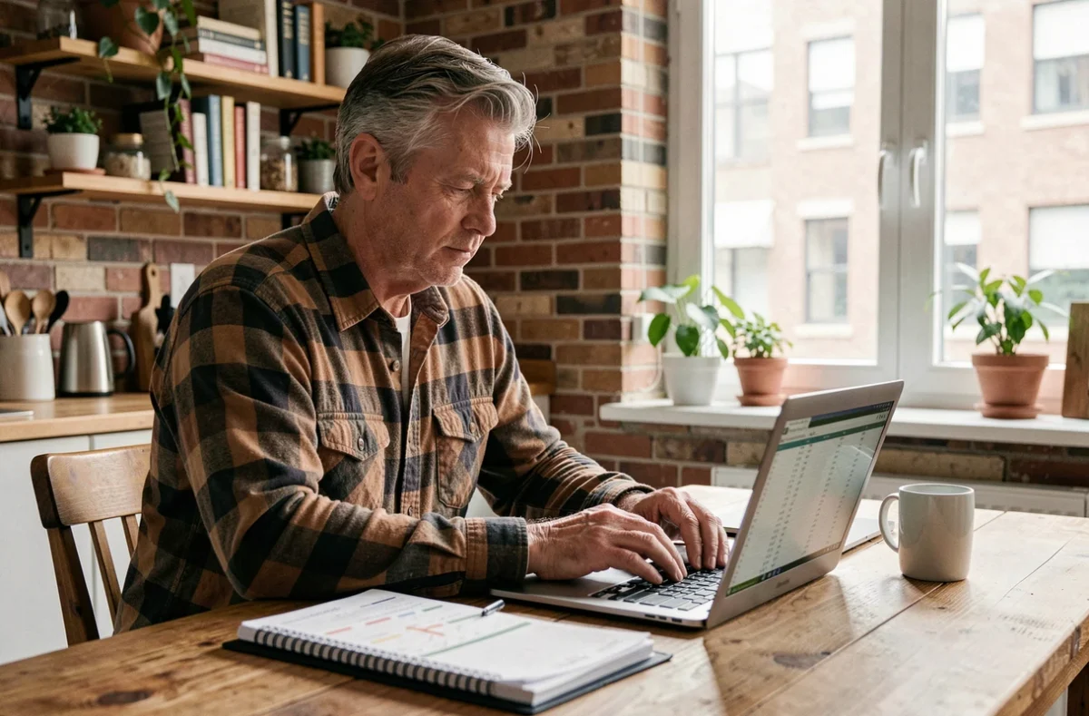 Travailleur indépendant consultant un planning annuel et un tableur pour calculer ses jours travaillés