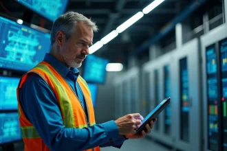 Ingénieur électrique homme avec tablette dans une salle de contrôle
