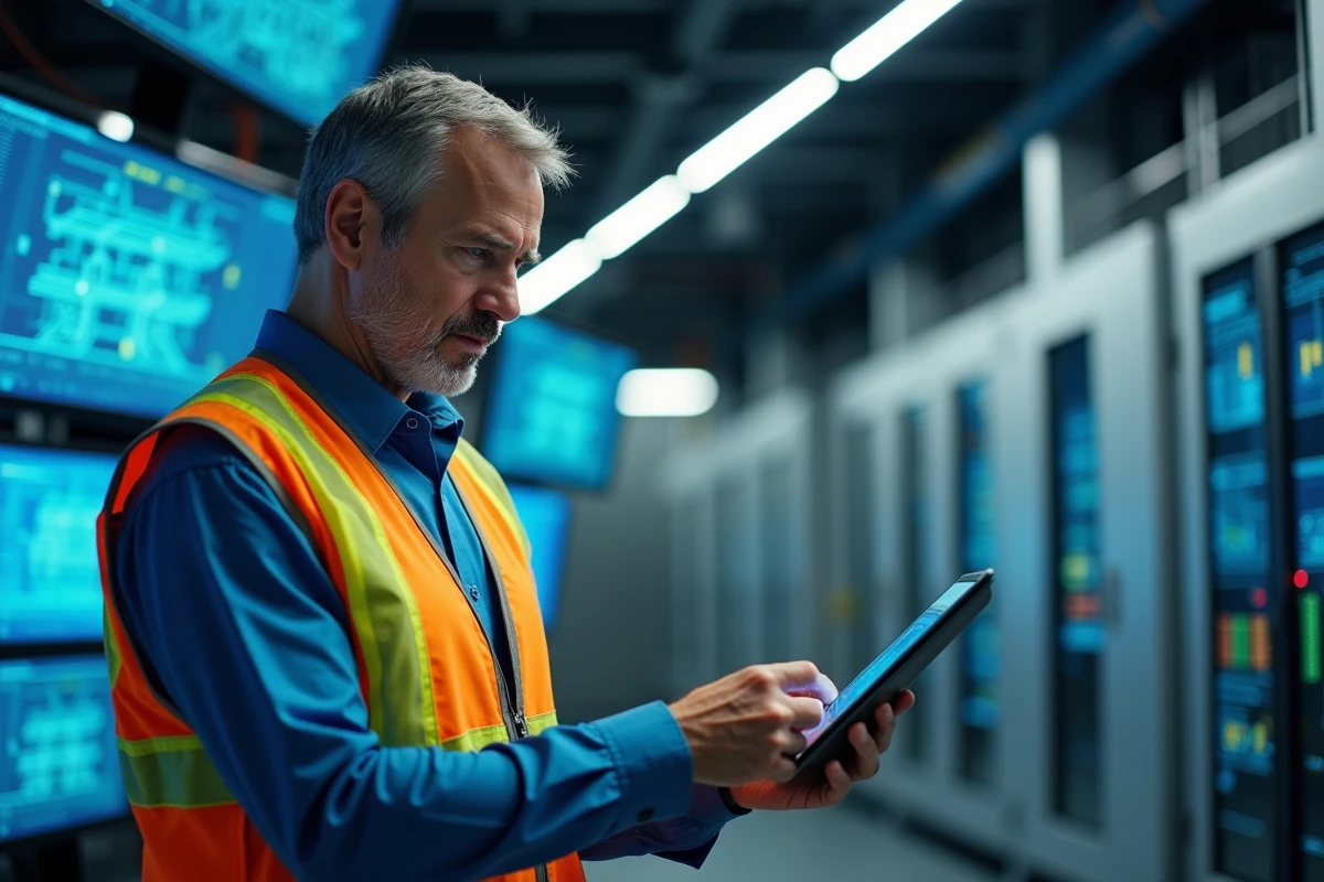 Ingénieur électrique homme avec tablette dans une salle de contrôle