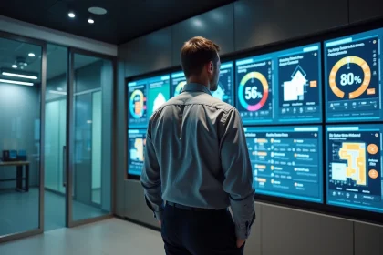 Ingénieur en gestion technique du bâtiment supervisant un tableau de bord unifié CVC, éclairage et contrôle d'accès sur plusieurs écrans dans une salle de contrôle moderne