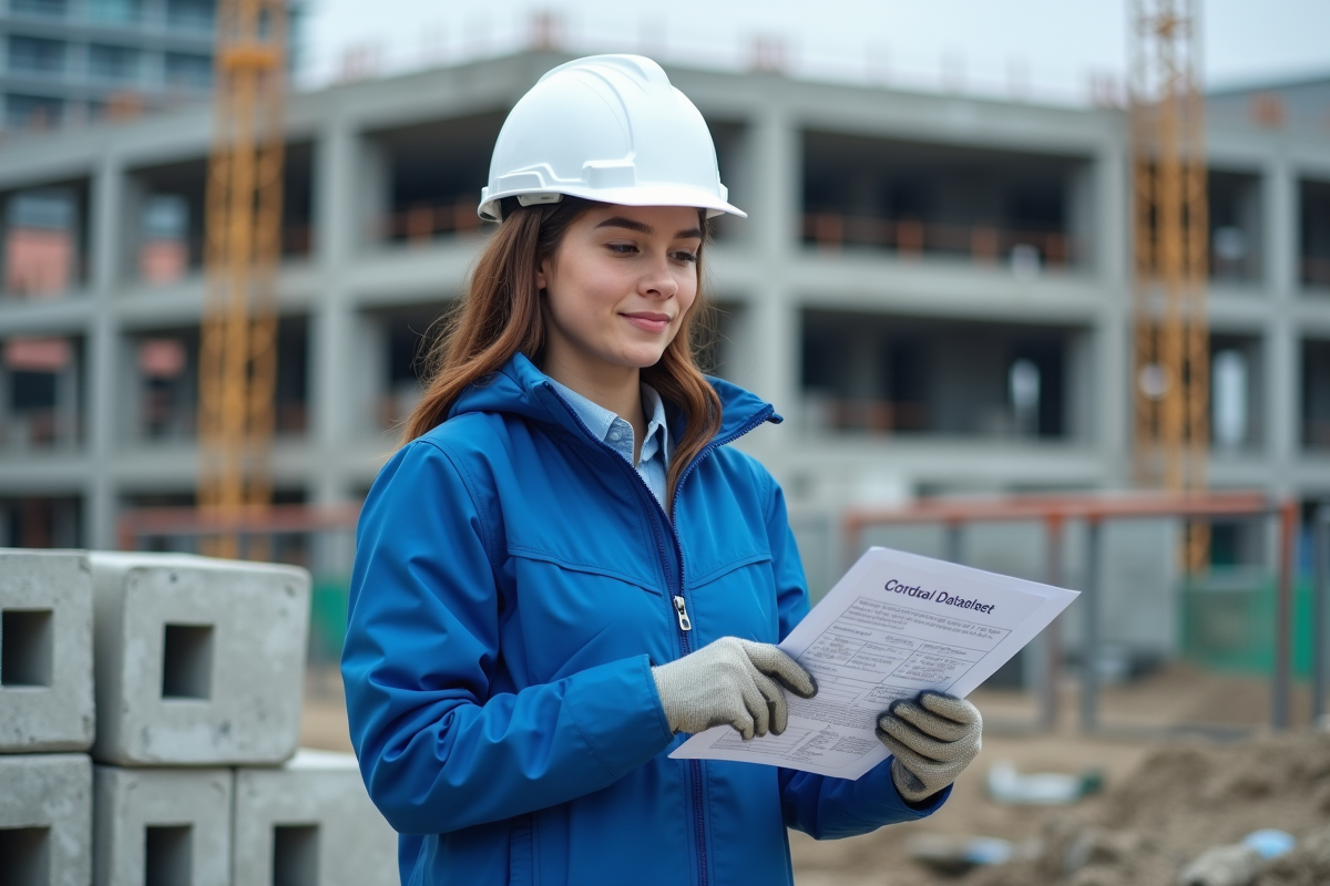 Jeune ingénieure en construction tenant fiche technique CSR sur site